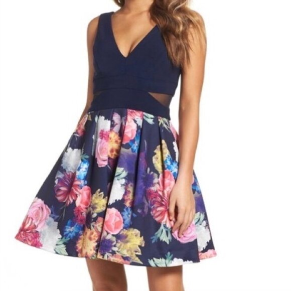 Xscape Navy Blue Floral Mesh A-Line Full Skirt V-Neck Sleeveless Mini Dress - Picture 1 of 10